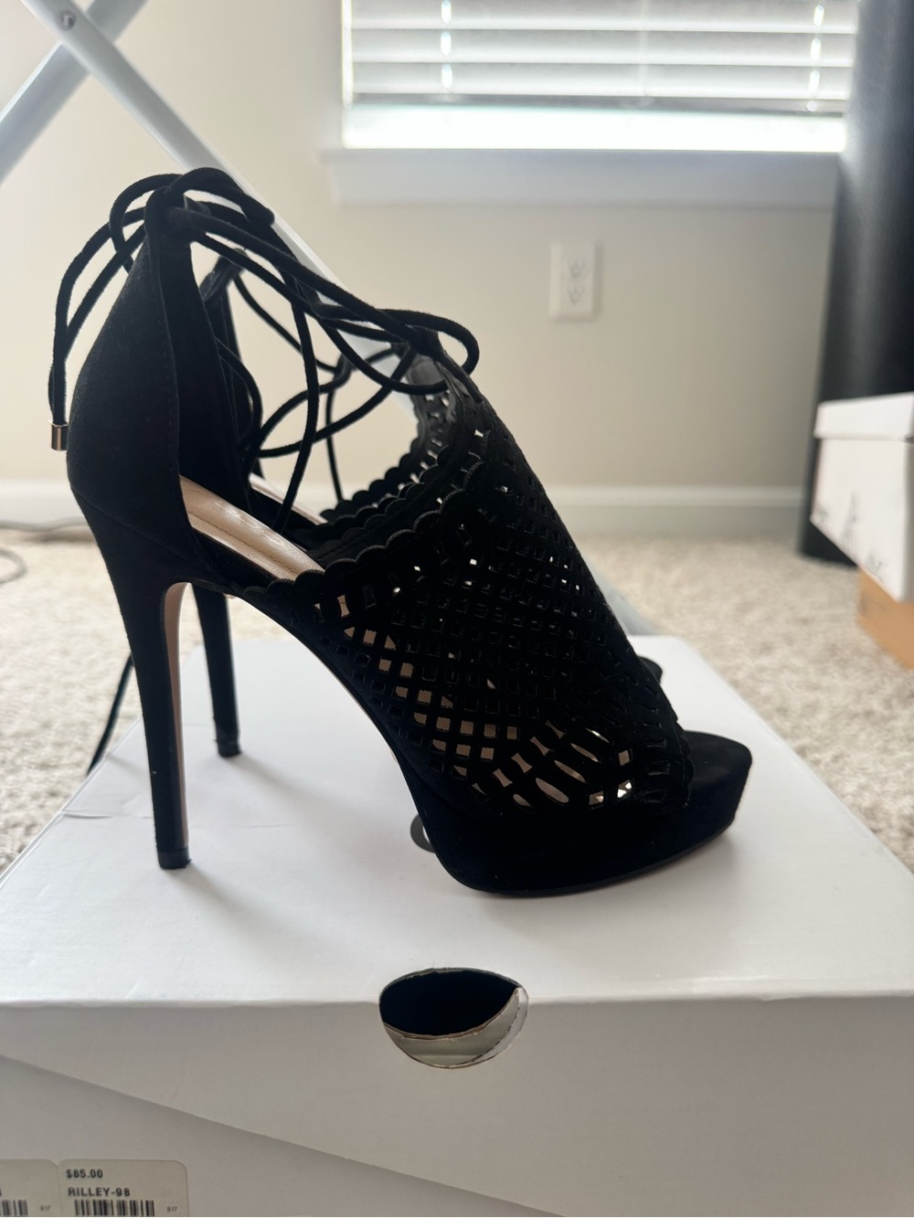 Aldo Black Laser-Cut Lace-Up Stiletto Heels